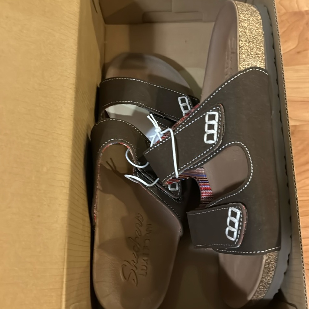 Brown Skechers slip on sandals with adjustable straps | NEW